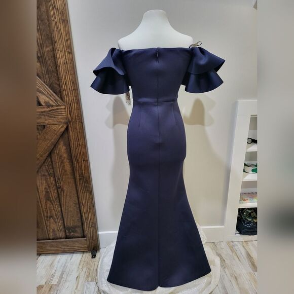 ELIZA J Women's Ruffled Sleeve Off-The-Shoulder Mermaid Gown NWT sz 2 Navy Blue - Picture 4 of 5